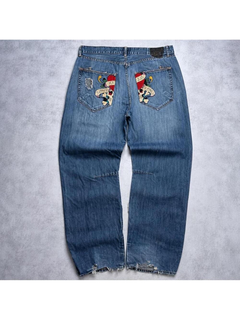 Y2K Ed Hardy Embroidered Grunge blue denim 00s jeans